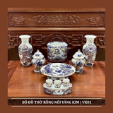  Bộ Đồ Thờ Nổi Song Long Chầu Nguyệt Men Lam Vẽ Vàng 