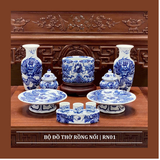  Bộ Đồ Thờ Song Long Chầu Nguyệt Nổi Men Lam 