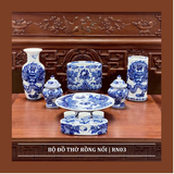  Bộ Đồ Thờ Song Long Chầu Nguyệt Nổi  Men Lam 