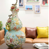  Hồ Lô Kim Long Ngàn Hoa Màu Xanh Đắp Nổi Vẽ Vàng 