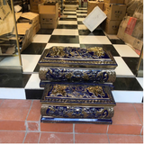  Bộ Quách Tiểu Sứ  Hoa Sen Nổi Màu Xanh Coban Vẽ Vàng 