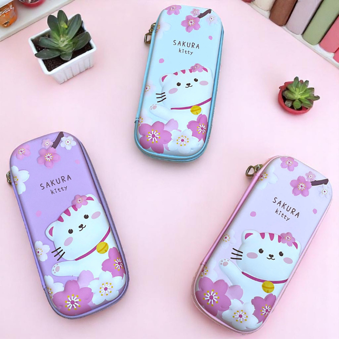 Hộp Bút 3D Hình Mèo Sakura Chất Liệu Nhựa Chống Nước Khóa Kéo Chắc Chắn