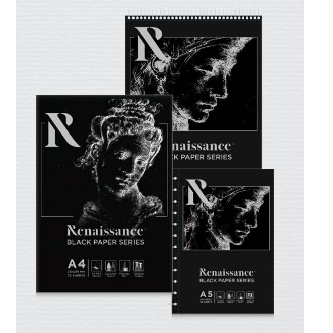 Sổ 32 Trang Giấy Đen Renaissance, Giấy Mỹ Thuật A4 Màu Đen 150gsm