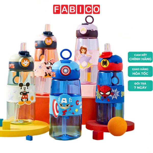 Bình Đựng Nước Có Dây Kèm Ống Hút Silicone Họa Tiết Disney Dễ Thương Cho Bé