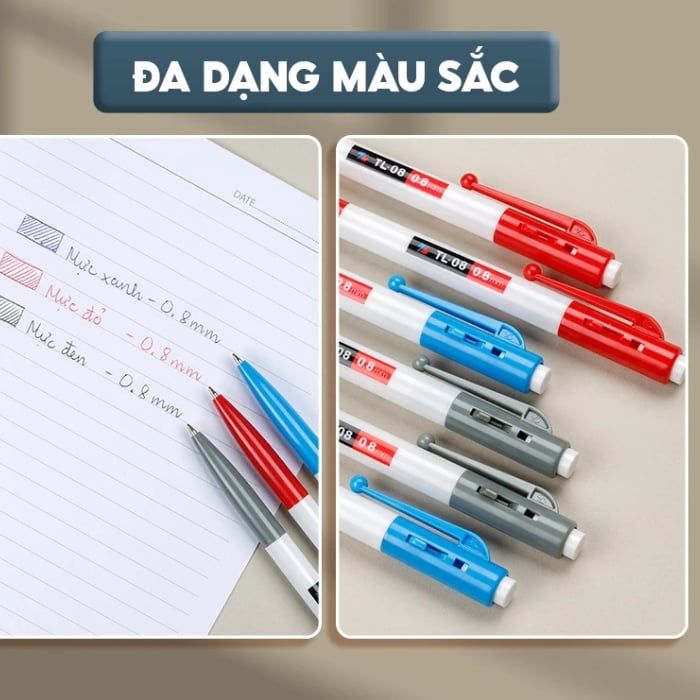 Combo 5 Cây Bút Bi Thiên Long TL-08, Ngòi 0.8mm Mực Xanh/Đỏ/Đen