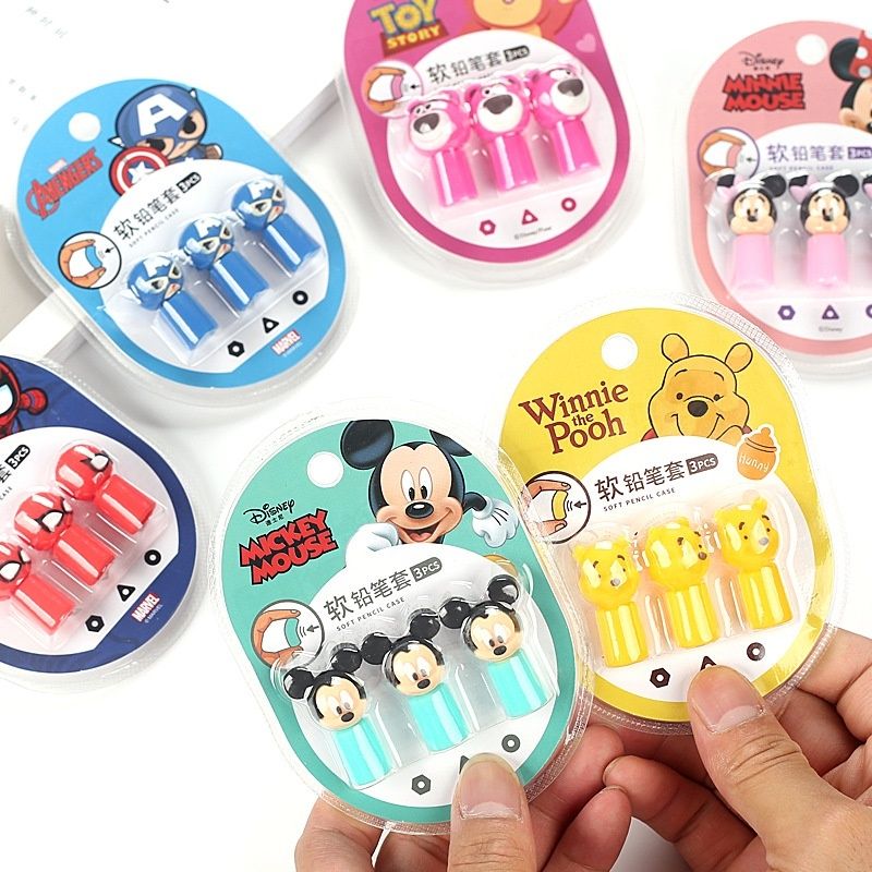 Vỉ 3 Món Nắp Đậy Bút Chì - Dụng Cụ Học Tập In Hoạt Hình Disney Dễ Thương Cho Học Sinh