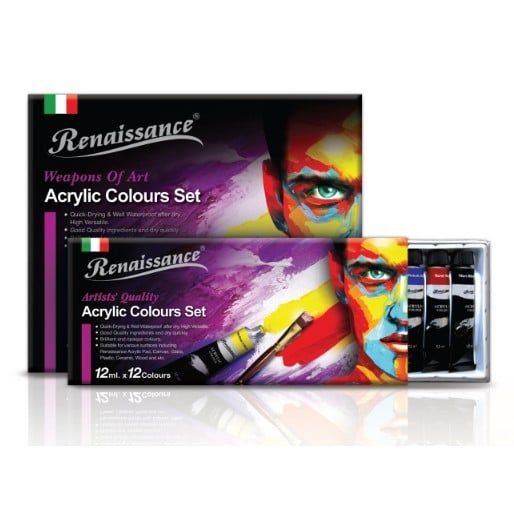 Bộ màu vẽ Acrylic dạng tuýp Renaissance, màu vẽ Acrylic 12/24 màu x 12 ML