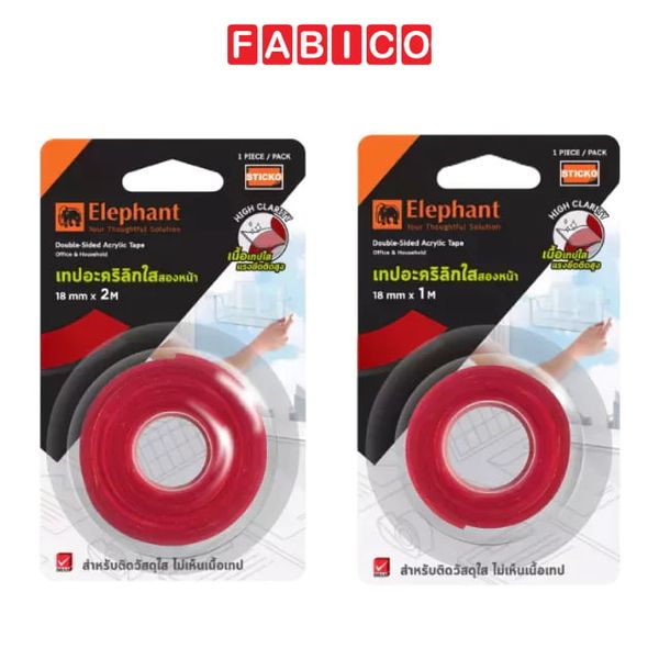 Băng Dính Sticko Elephant, Băng Keo acrylic Trong Suốt Hai Mặt Rộng 18mm