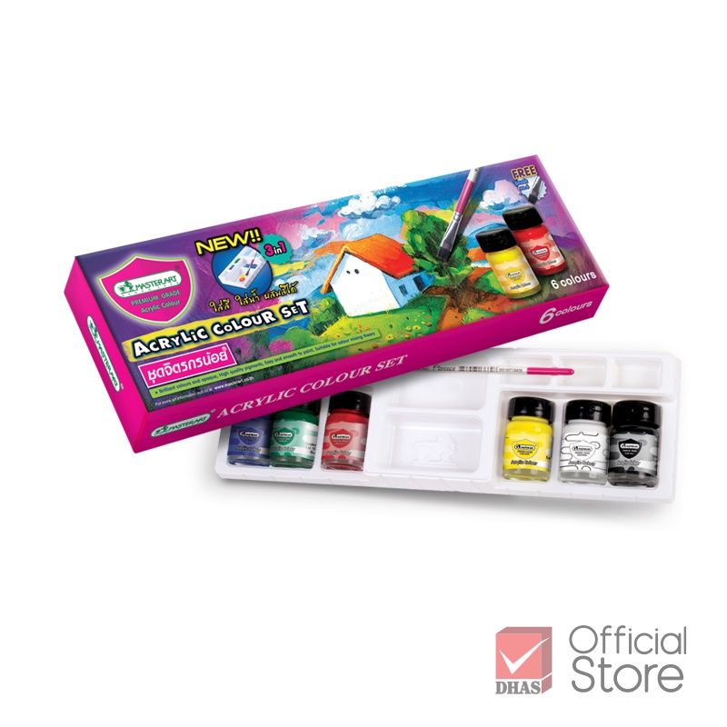 Set 6 màu nước acrylic Master Art cao cấp, vẽ không trôi trên mọi chất liệu, lọ 15ml kèm khay và cọ vẽ