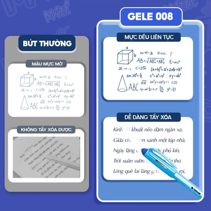 Combo 5 Bút Gel Xóa Được Thiên Long Mazzic GELE-008 Nắp Đậy, Gôm Hai Đầu