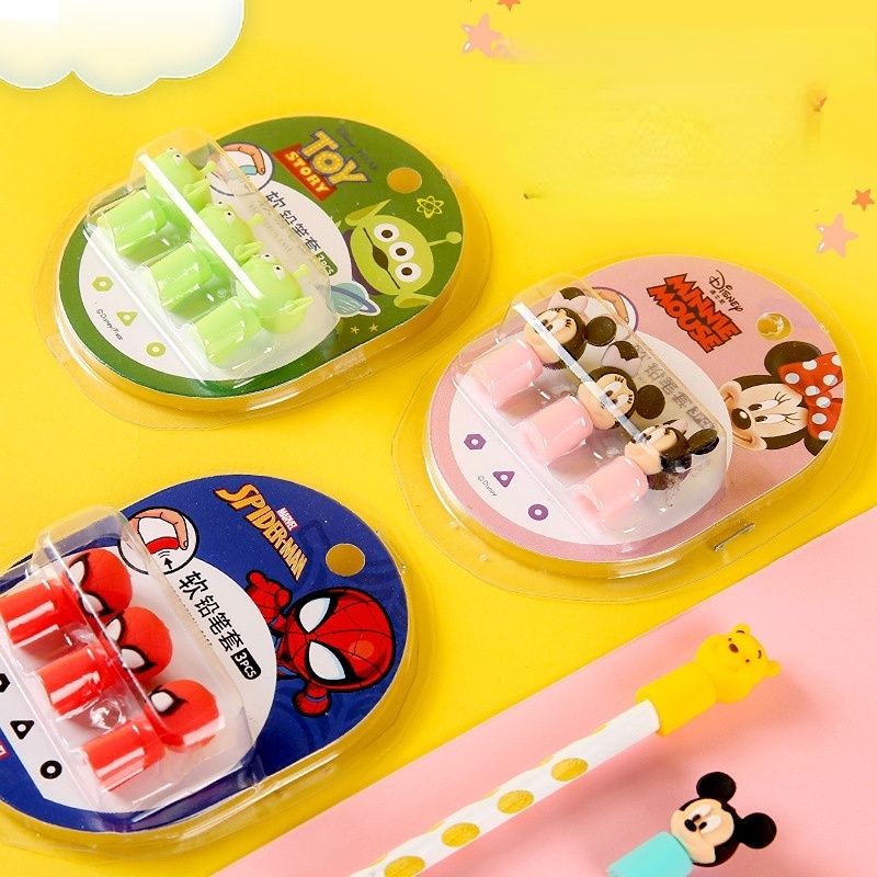 Vỉ 3 Món Nắp Đậy Bút Chì - Dụng Cụ Học Tập In Hoạt Hình Disney Dễ Thương Cho Học Sinh