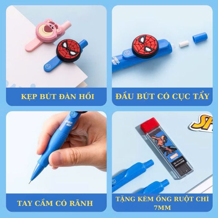 Bút Chì Kim Bấm Thân Bấm Đầu Ngòi 0.7mm Cao Cấp Kèm Đầu Tẩy Disney - Bút Chì Cơ Học Thay Ngòi Cho Học Sinh Văn Phòng