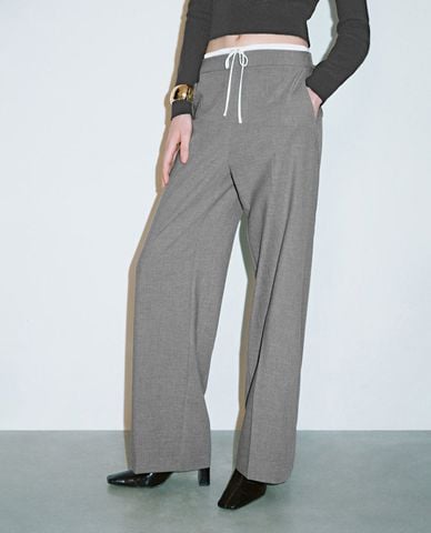  URBAN REVIVO - Quần nữ ống rộng phối dây rút thời trang 