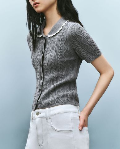  URBAN REVIVO - Áo dệt kim nữ cổ bẻ tay ngắn 