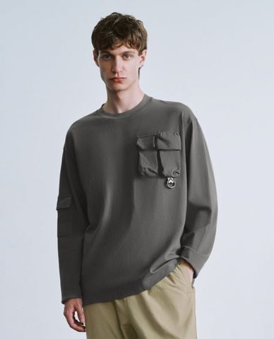  URBAN REVIVO - Áo sweatshirt nam cổ tròn tay dài phối túi Loose 