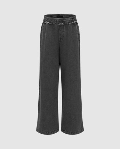  URBAN REVIVO - Quần jeans nữ ống rộng lưng thun 