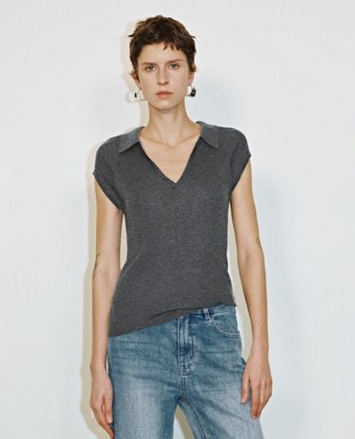  URBAN REVIVO - Áo dệt kim nữ cổ bẻ tay ngắn Lapel 