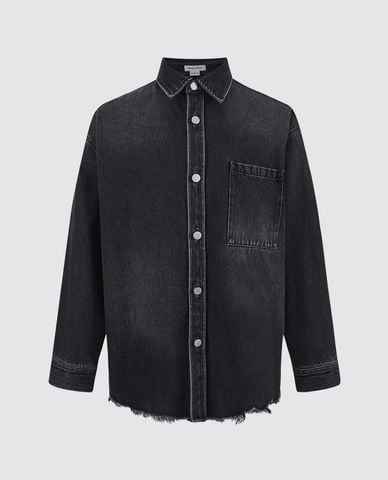  URBAN REVIVO - Áo khoác denim nam cổ bẻ tay dài Raw Hem Oversized 