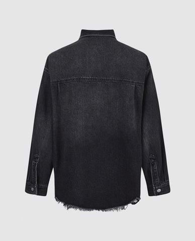  URBAN REVIVO - Áo khoác denim nam cổ bẻ tay dài Raw Hem Oversized 
