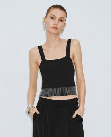  URBAN REVIVO - Áo dệt kim nữ hai dây cổ vuông hiện đại 