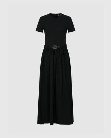  URBAN REVIVO - Đầm xếp li cổ tròn tay ngắn phối thắt lưng Skinny 