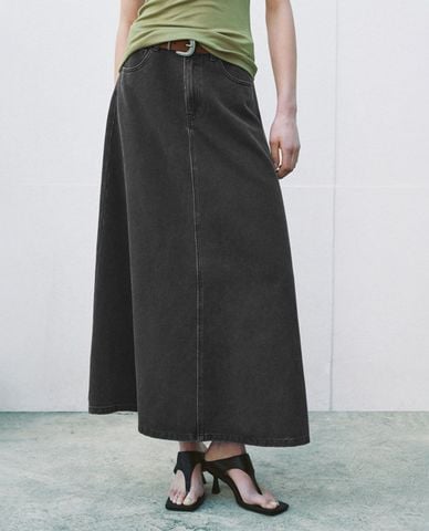  URBAN REVIVO - Chân váy denim midi dáng suông 