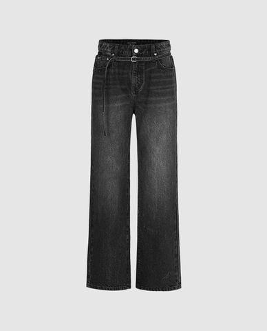  URBAN REVIVO - Quần jeans nữ ống rộng phối thắt lưng 
