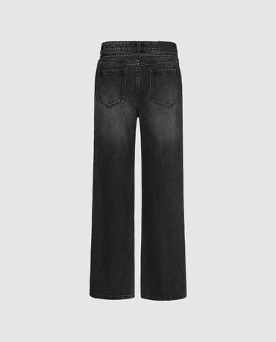  URBAN REVIVO - Quần jeans nữ ống rộng phối thắt lưng 