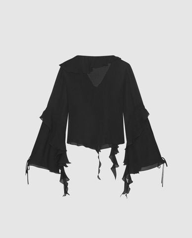  URBAN REVIVO - Áo kiểu nữ cổ V phối tua rua 