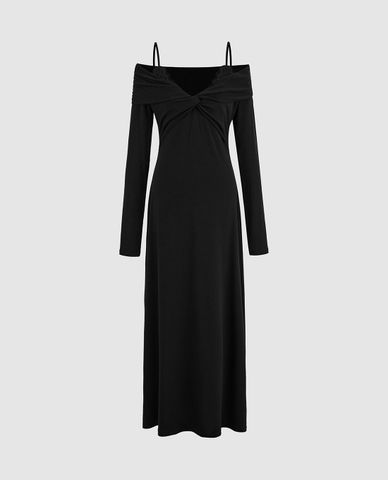  URBAN REVIVO - Đầm hai dây midi phối ren thời thượng 