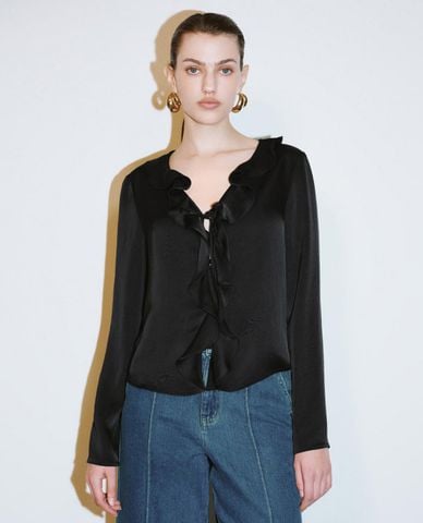  URBAN REVIVO - Áo kiểu nữ cổ V phối bèo nhún 