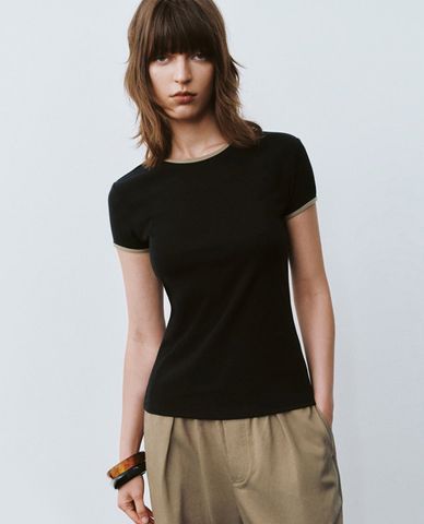  URBAN REVIVO - Áo thun nữ cổ tròn tay ngắn Skinny 