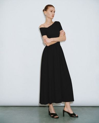  URBAN REVIVO - Đầm trễ vai chữ A phom midi nữ tính 