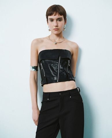  URBAN REVIVO - Áo kiểu nữ phom ôm phối khóa kéo 