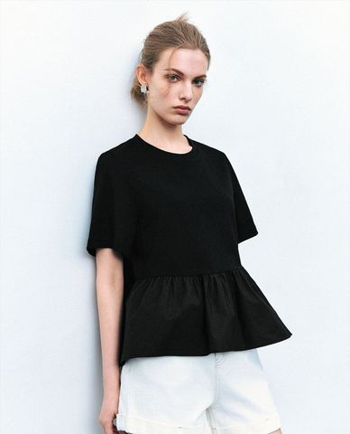  URBAN REVIVO - Áo kiểu nữ cổ tròn tay ngắn dáng xoè 