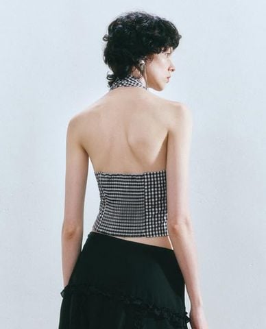  URBAN REVIVO - Áo kiểu nữ cổ yếm sọc caro 