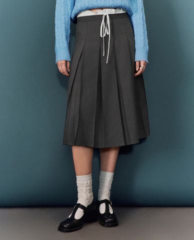  URBAN REVIVO - Chân váy xếp li midi phối dây rút 