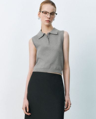  URBAN REVIVO - Áo sát nách nữ cổ bẻ dệt kim 