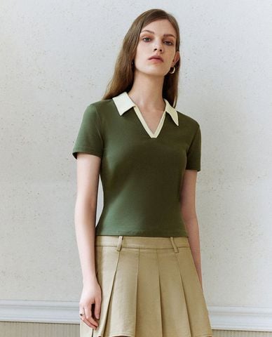  URBAN REVIVO - Áo thun nữ cổ bẻ tay ngắn thanh lịch 