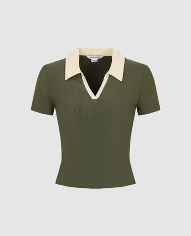  URBAN REVIVO - Áo thun nữ cổ bẻ tay ngắn thanh lịch 