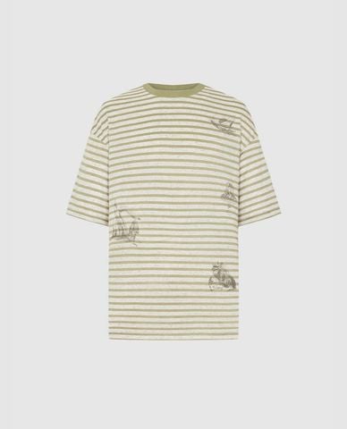  URBAN REVIVO - Áo thun nam cổ tròn tay ngắn phối sọc 