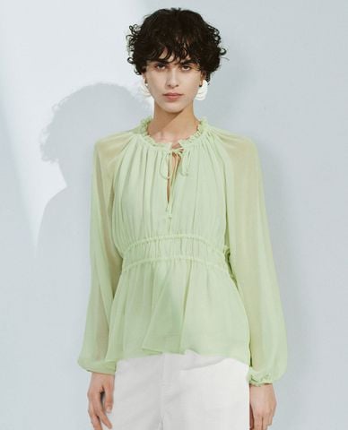  URBAN REVIVO - Áo kiểu nữ cổ tròn xếp li Shirred Overhead 