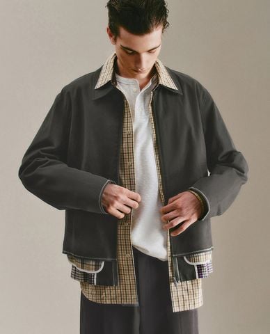  URBAN REVIVO - Áo khoác sơ mi nam kẻ caro phối zip 