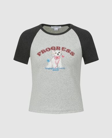  URBAN REVIVO - Áo thun nữ cổ tròn tay ngắn Raglan 