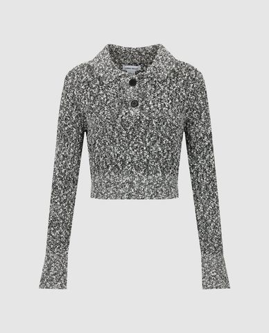  URBAN REVIVO - Áo croptop nữ dệt kim cổ bẻ tay dài Button Half Placket 