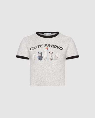  URBAN REVIVO - Áo croptop nữ cổ tròn tay ngắn in hoạ tiết 