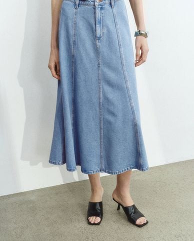  URBAN REVIVO - Chân váy denim midi nữ tính 