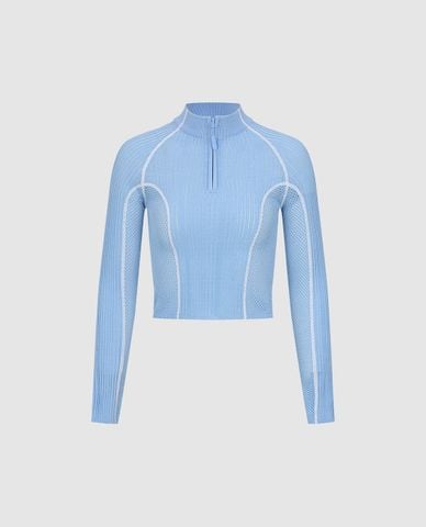  URBAN REVIVO - Áo croptop nữ dệt kim cổ trụ tay dài 