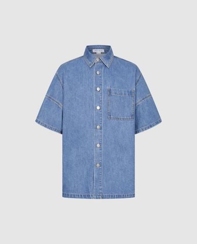  URBAN REVIVO - Áo sơ mi denim nam cổ bẻ tay ngắn 