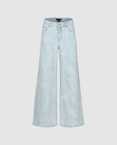  URBAN REVIVO - Quần jeans nữ ống rộng phối họa tiết 